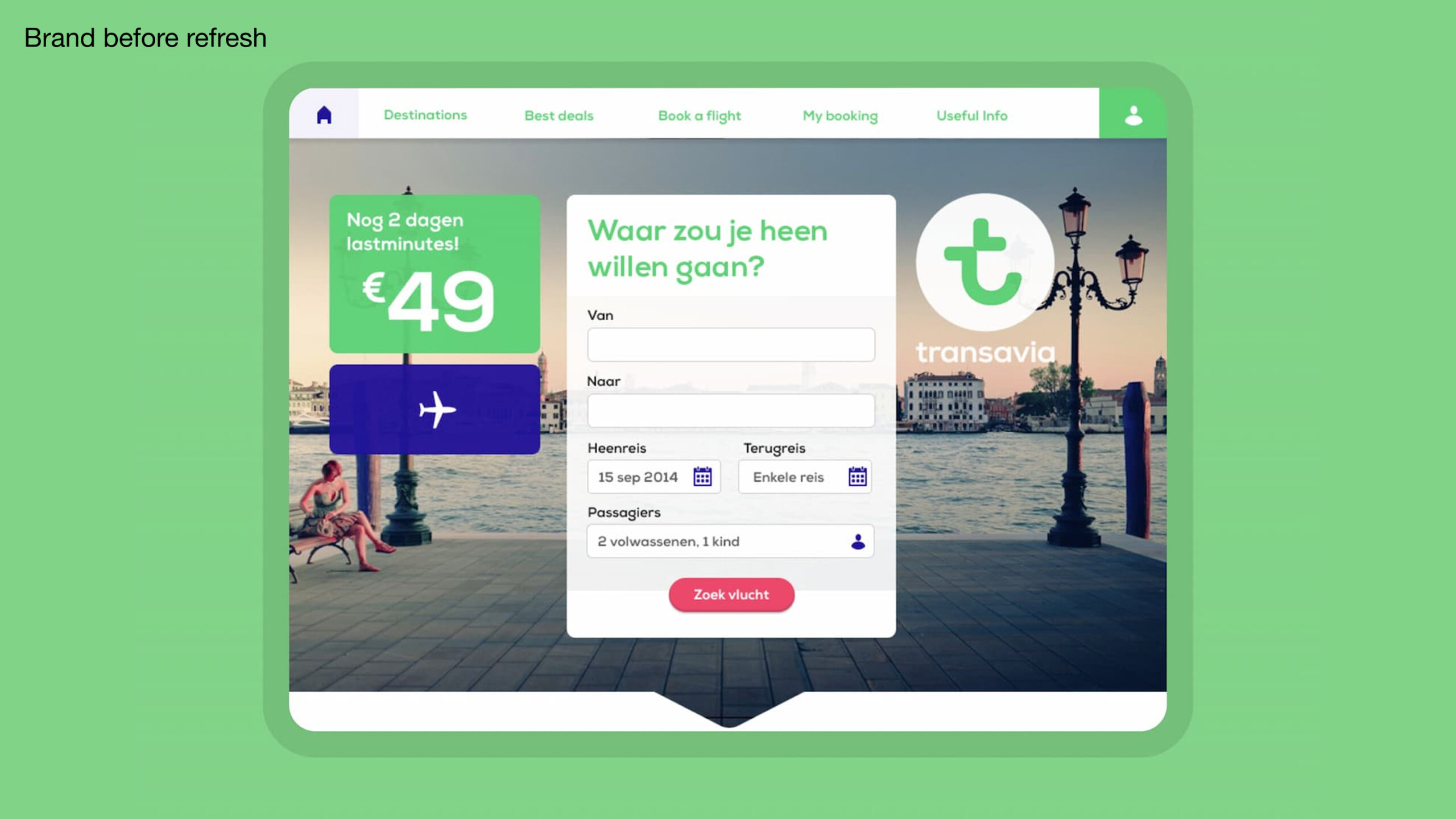 Transavia booking layout with fare promos and search form