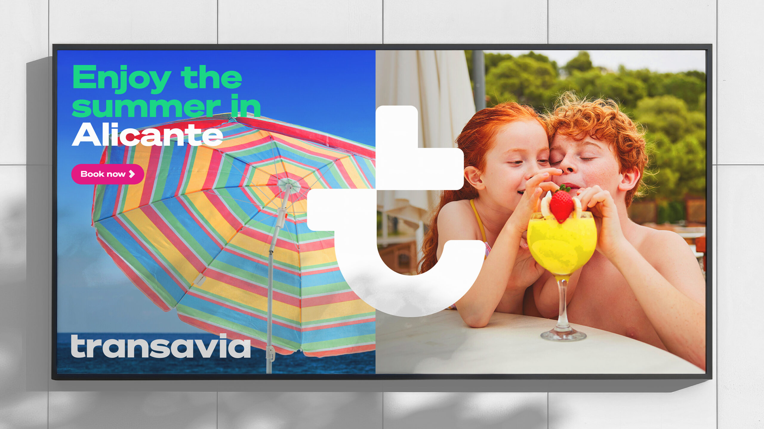 Transavia travel ad with playful high contrast branding