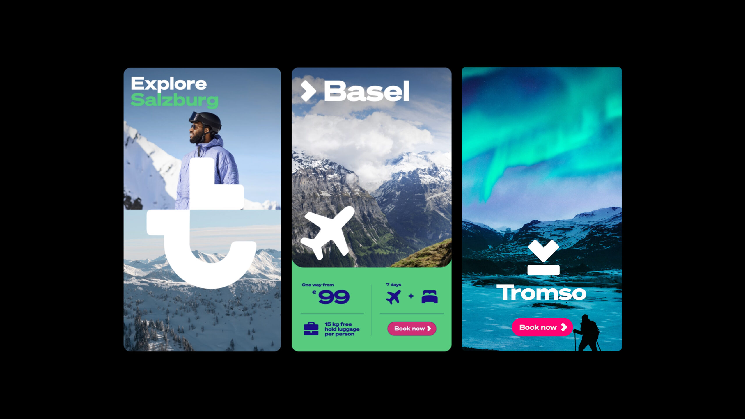 Transavia travel posters for Salzburg Basel and Tromsø
